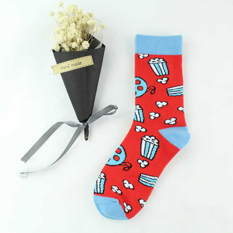PEONFLY смешные носки Харадзюку еда Гамбург пиццы счастливые носки женские попкорн творческой жизни хип хоп Sokken женские носки - Цвет: Red-bottomed popcorn