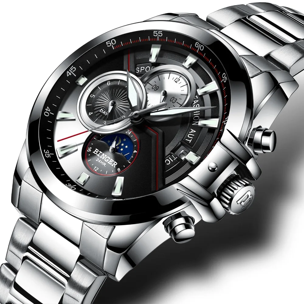 

Switzerland Multifunction Military Watch Men BINGER Automatic Mechanical Watch Calendar Week Moon phase Sapphire Luminous hands