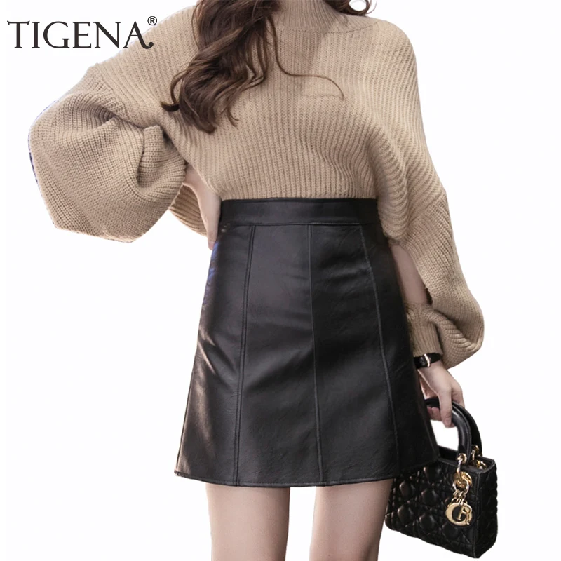 

TIGENA Black Faux Leather Skirts Women 2019 Spring Summer Hidden Zipper A-line High Waist Mini Short Skirt Female Sexy Pu Skirt