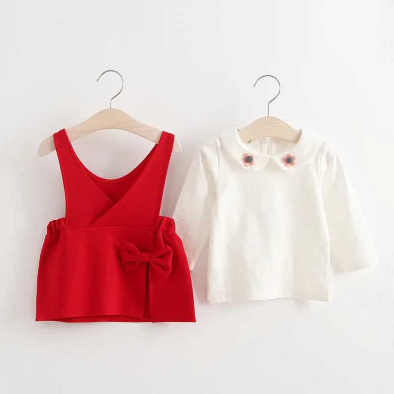 

2017 new spring autumn Girls Kids White shirt bow strap dress comfortable cute baby Clothes Children Clothing 15W