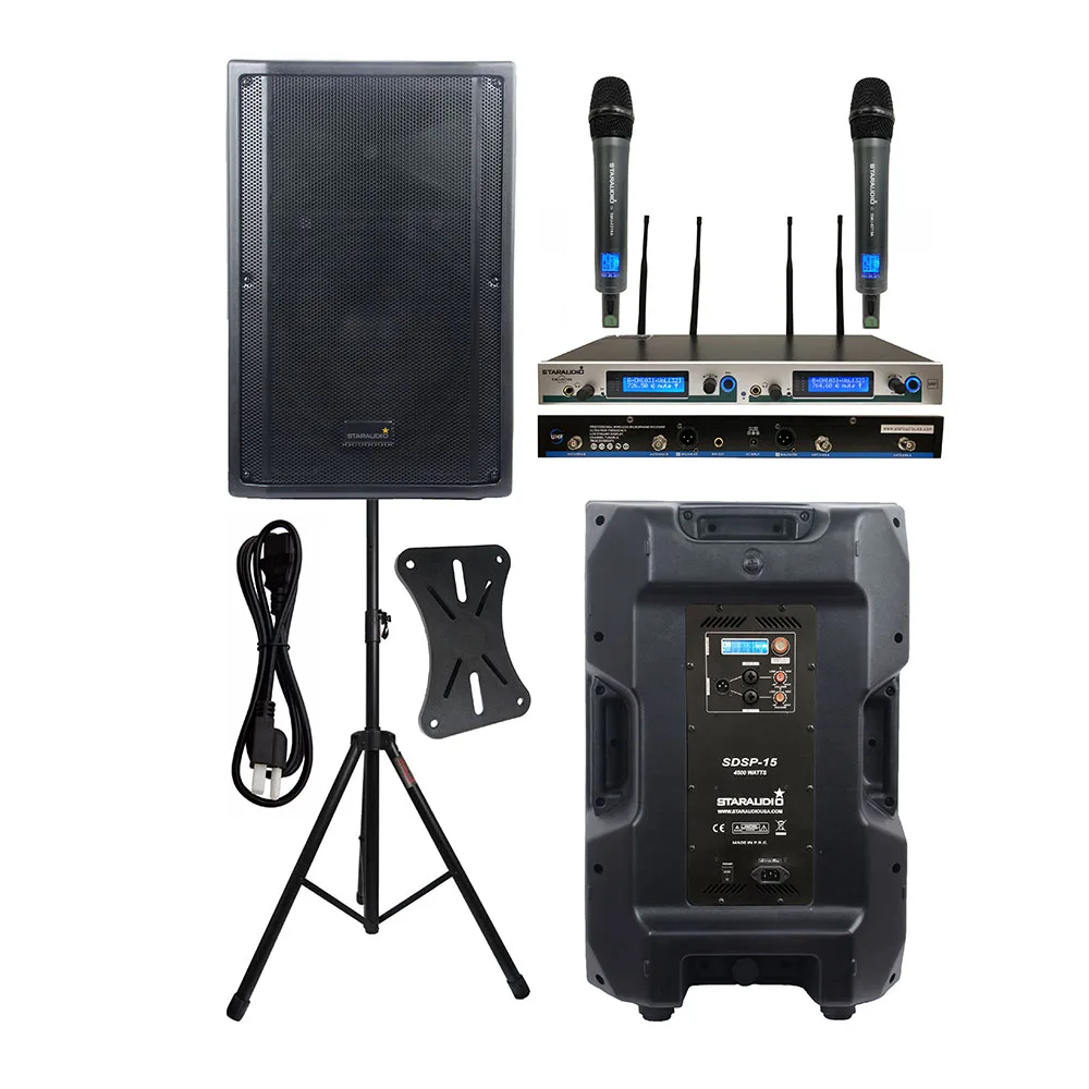 

STARAUDIO 4500W 4 Ohm Powered Active 15 Inch Stage Speaker DSP PA DJ Speaker Stand 2CH UHF Wireless Handheld Microphone SDSP-15