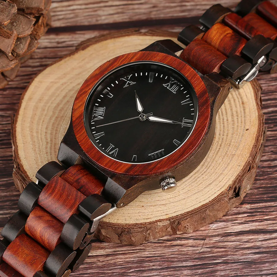 Nature Red Black Wood Watch Men Quartz Sandalwood Wristwatch Rome Number Black Dial Sport Businessmen Watch  Relogio Masculino (11)