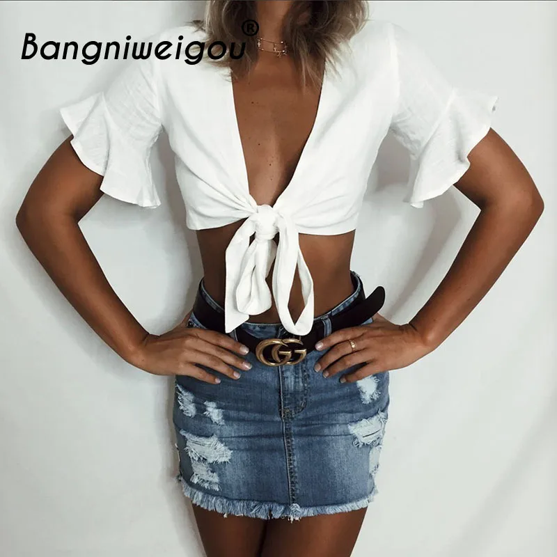 

Bangniweigou Front Tie Up V Open Neck Summer Crop top Sexy Solid Shirts for Women Cotton Yarn Flare Short Sleeve Tops Off White