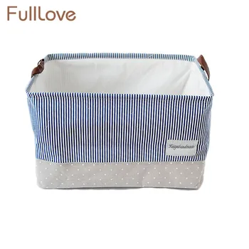 

FullLove Drawstring Storage Basket Blue Striped with Handle Square Clothes Toys Books Linen Cotton S M L Organizer for Dormitory
