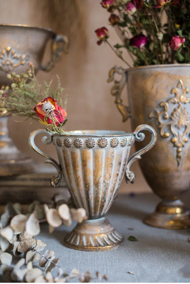 Классический Кубок цветок Ретро ваза Ностальгический кованого железа Золотой Серебряный цветочный горшок для дома металлические вазы Свадебные настольные вазы