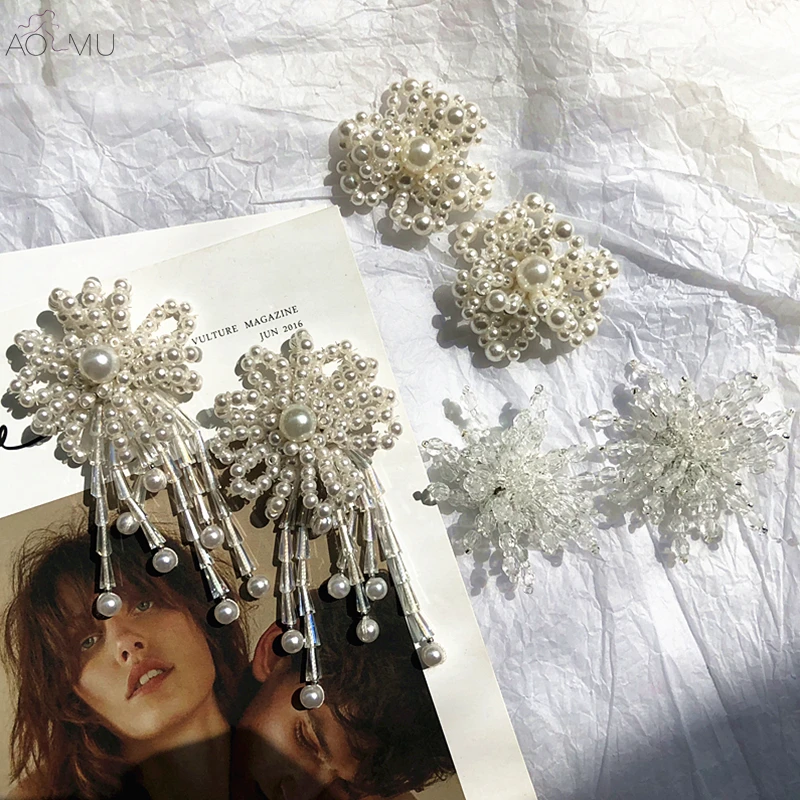 

AOMU Korea Handmade Crystal Transparent Beaded Pearl Flower Big Stud Earrings for Women Girl Wedding Party Beach Earrings