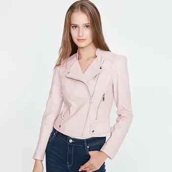 

Klacwaya fashion women suede leather jackets 2019 autumn ladies short bomb jacket cool girls zipper slim Pink coats chic