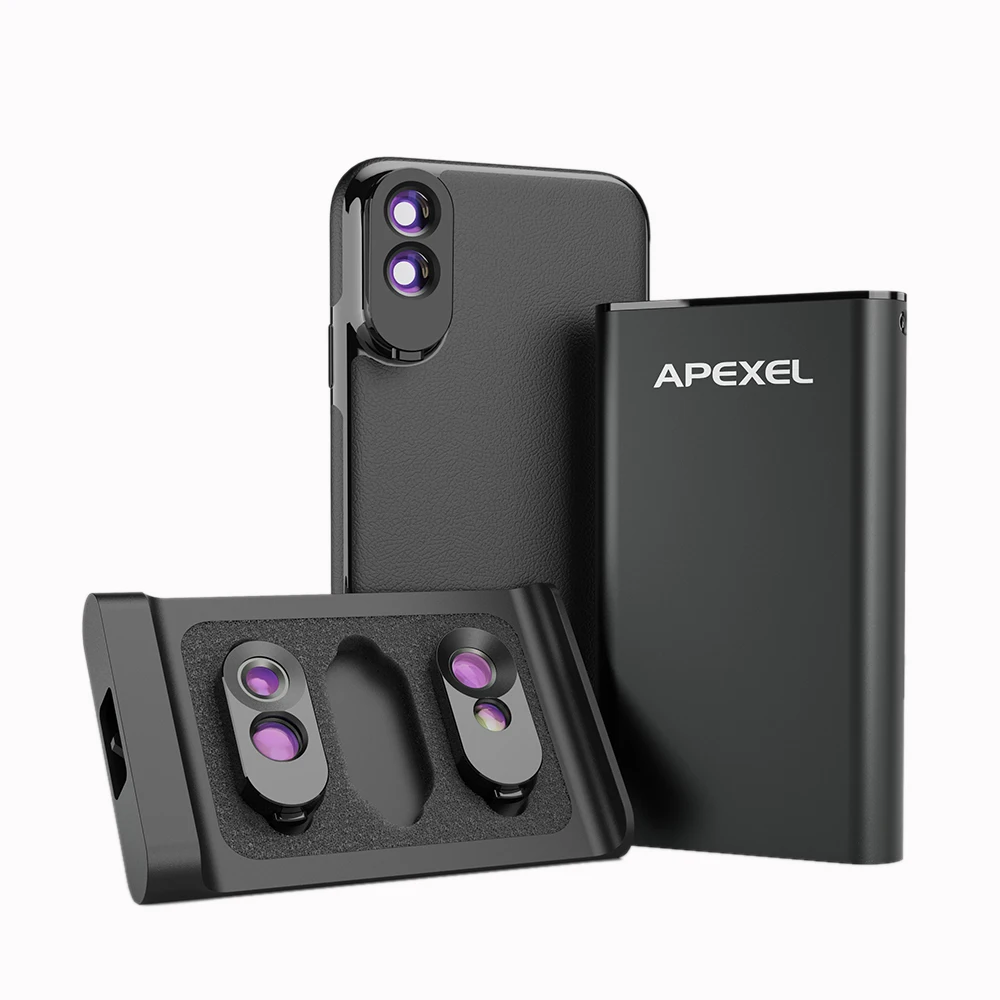 

APEXEL Mini Dual Lens phone camera lens kit fisheye lenwide angle macro telephoto zoom add-on lens back phone case For iPhone X