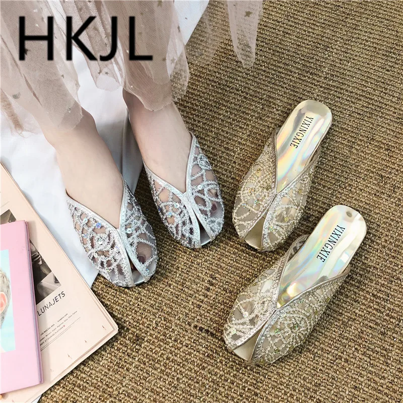 

HKJL 2019 summer lace sequin hollow-out slipper women comfortable breathable versatile flat screen shoes loafers A693