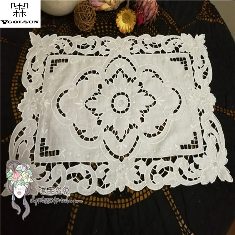 

2pcs/Pack White Rectangle Shape VGOLSUN Europe Style Cotton/Linen Vintage Handmade Embroidered Mats&Pads With Size 50x36cm