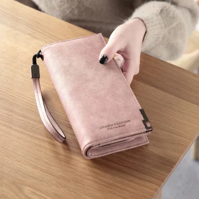 Для женщин кошельки с отделением для карт в стиле ретро кожаные дамские сумочки толстосумы молнии портмоне, длинный женский клатч с ремешком на руку кошельки, сумочки известного бренда сумки - Цвет: Pink