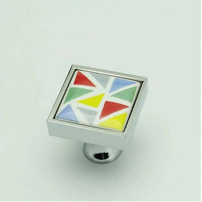 Square Hand painted ceramic furniture samll knobs silver chrome drawer