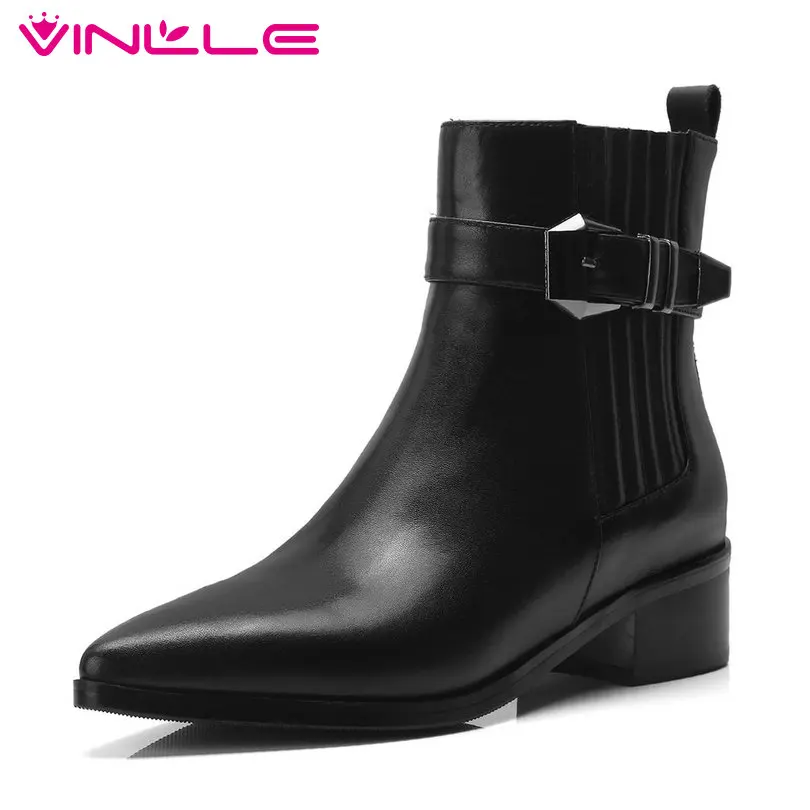

VINLLE 2019 Women Ankle Boots Square Heel Pointed Toe Fashion Women Shoes Winter Boots Women Motorcycle Boots Size 34-40