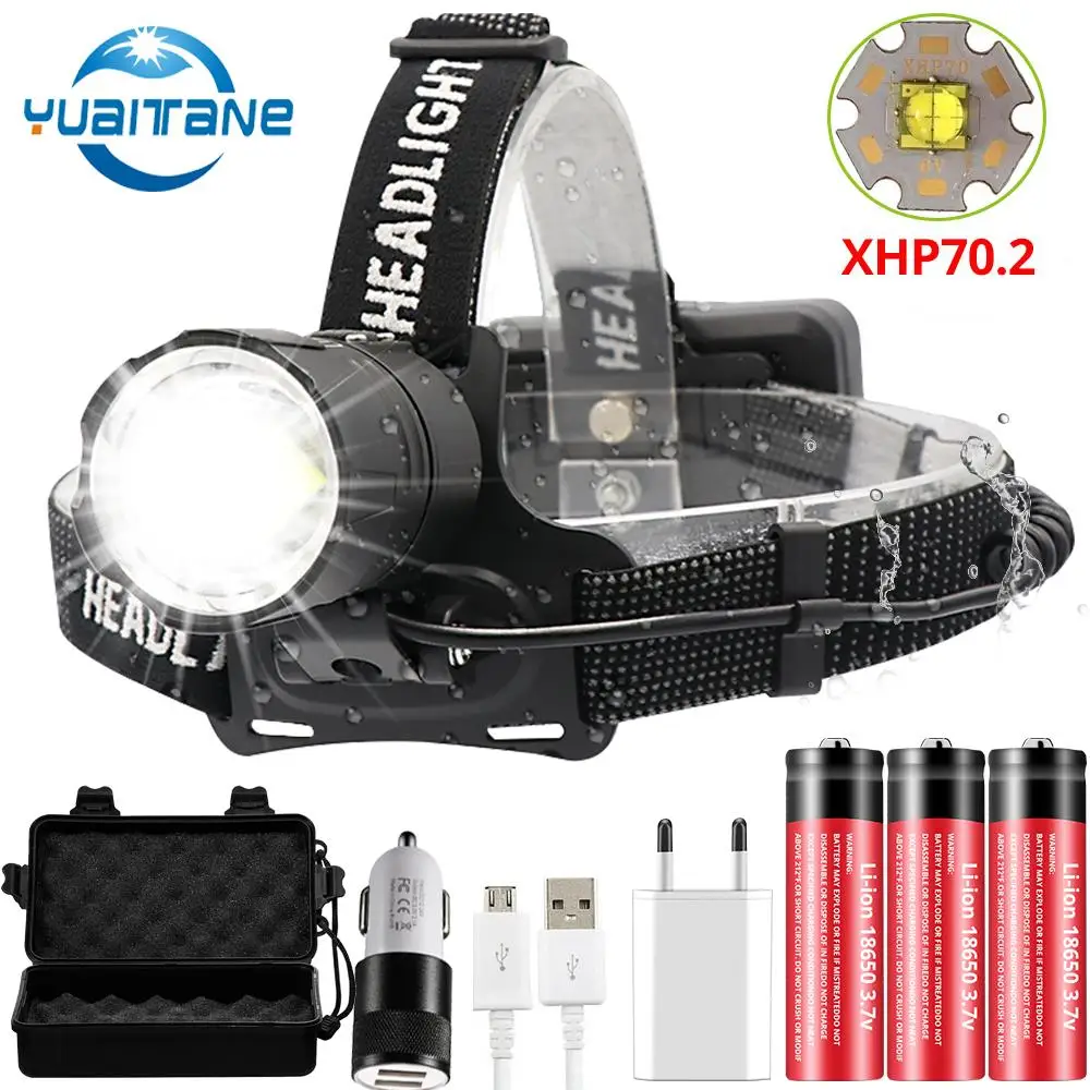 8000лм XHP70.2 USB Перезаряжаемый светодиодный налобный фонарь XHP70 самая мощная фара для рыбалки, кемпинга, фонарь с зумом, 3*18650 батареи