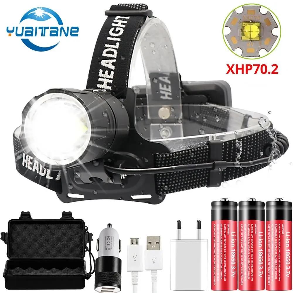 Baratos 8000LM XHP70.2 USB recargable Led faro XHP70 más poderoso Faro Pesca de Camping linterna ZOOM 3*18650