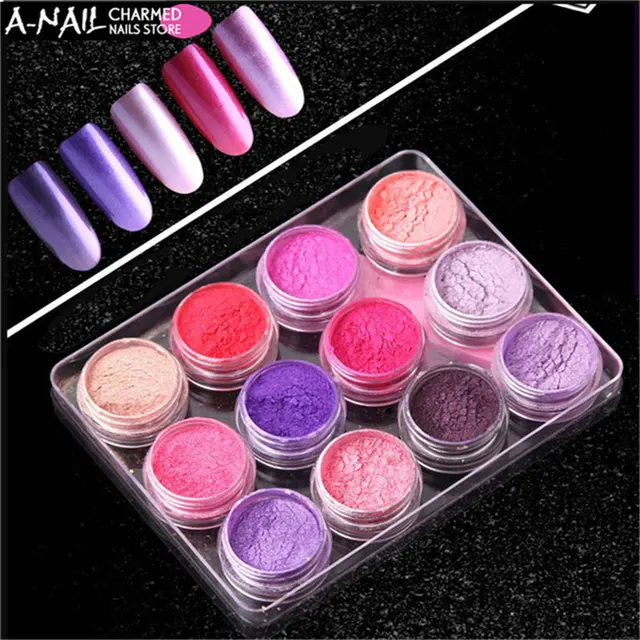 12jars/set 12colors Mocha Gradient Nail Art Glitter Powder Pretty Shimmer Vtirka Shell Pigment UV Gel Polishing Nail Decoration