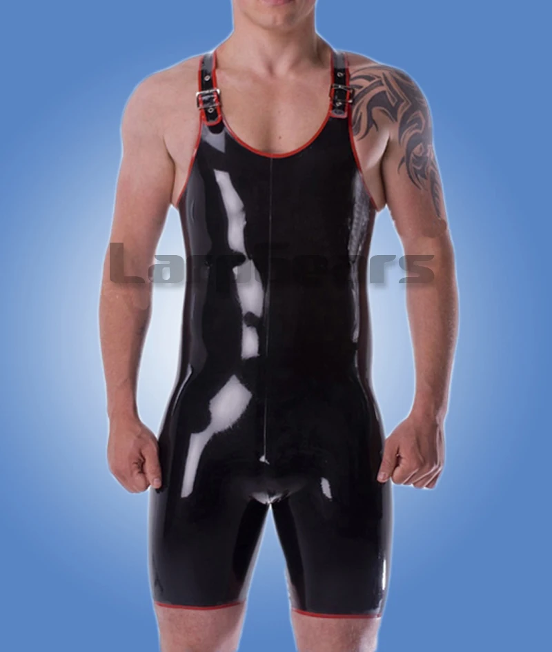 Rubber Latex Men Catsuit with Adjustable Shoulder Straps Rubber
