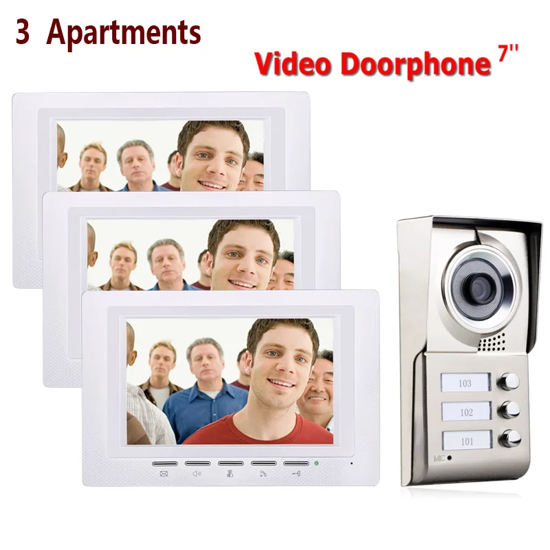 7inch 3 Units Apartments Intercom System Video Intercom Video Door Phone Kit IR-CUT HD 1000TVL Camera Doorbell Camera