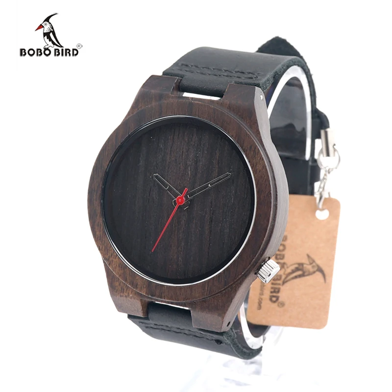 2017 BOBO BIRD Men Wooden Watches Real Leather Strap Black Wood Watch Japan Move' Quartz Wristwatch relogio masculino C-B10