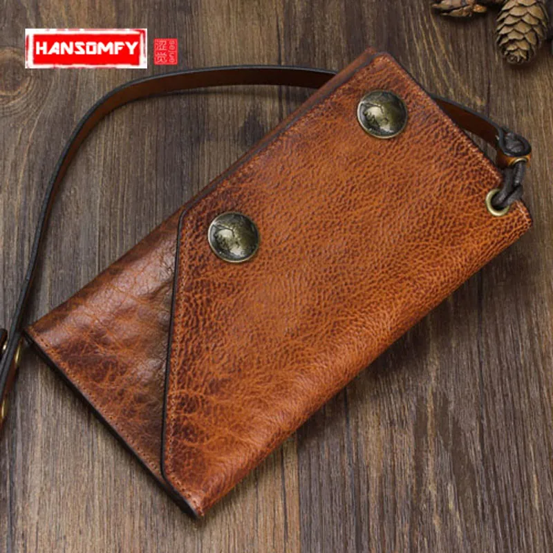 Retro Echt Leer Mannen Lange Wallet Mannen En Vrouwen Clutch Bag Anti-Diefstal Ketting Portemonnees Multi-Functionele Eerste laag Van Leer