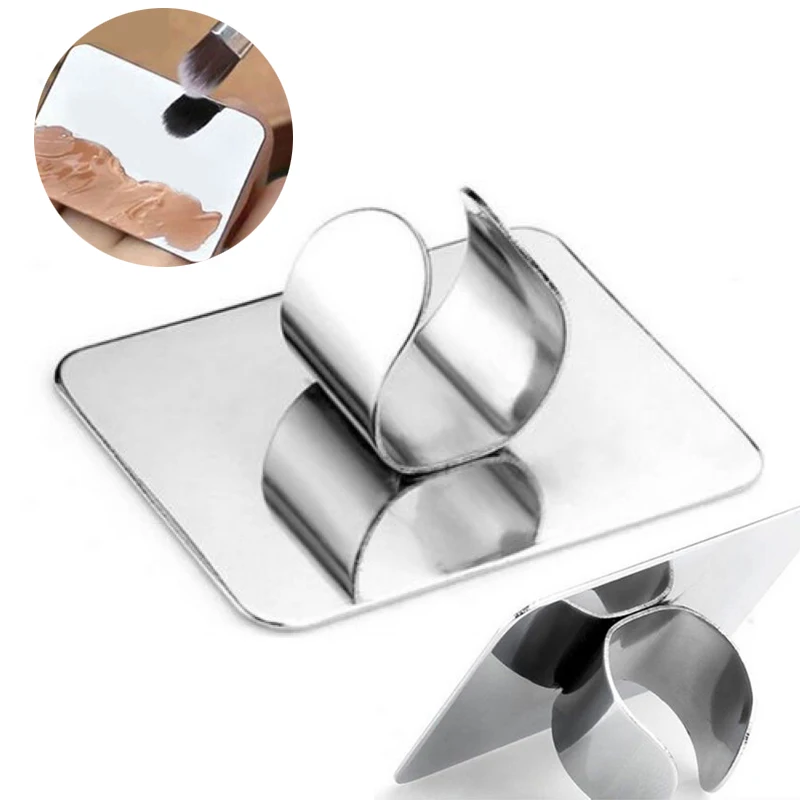 Mayitr 1pc Mini Adjustable Nail Palette Silver Stainless Steel Finger Ring Nail Art Mixing Color Palette For Makeup Tool