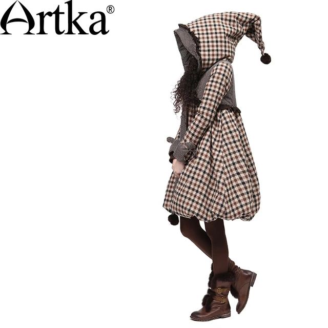 Best price at $107 Cheap Artka Women's Winter Pointed Hood Rabbit Fur Plaid Embroidery Bow Warm Wadded Outerwear Long A-line Casual Padded Coat A09860