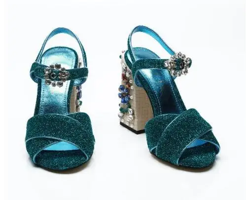 

Fashion Green Corduroy Chunky Heel Crystal Sandals Women Sexy Rhinestone Thick Heel Gladiator Sandals Lady Party Shoes Pumps
