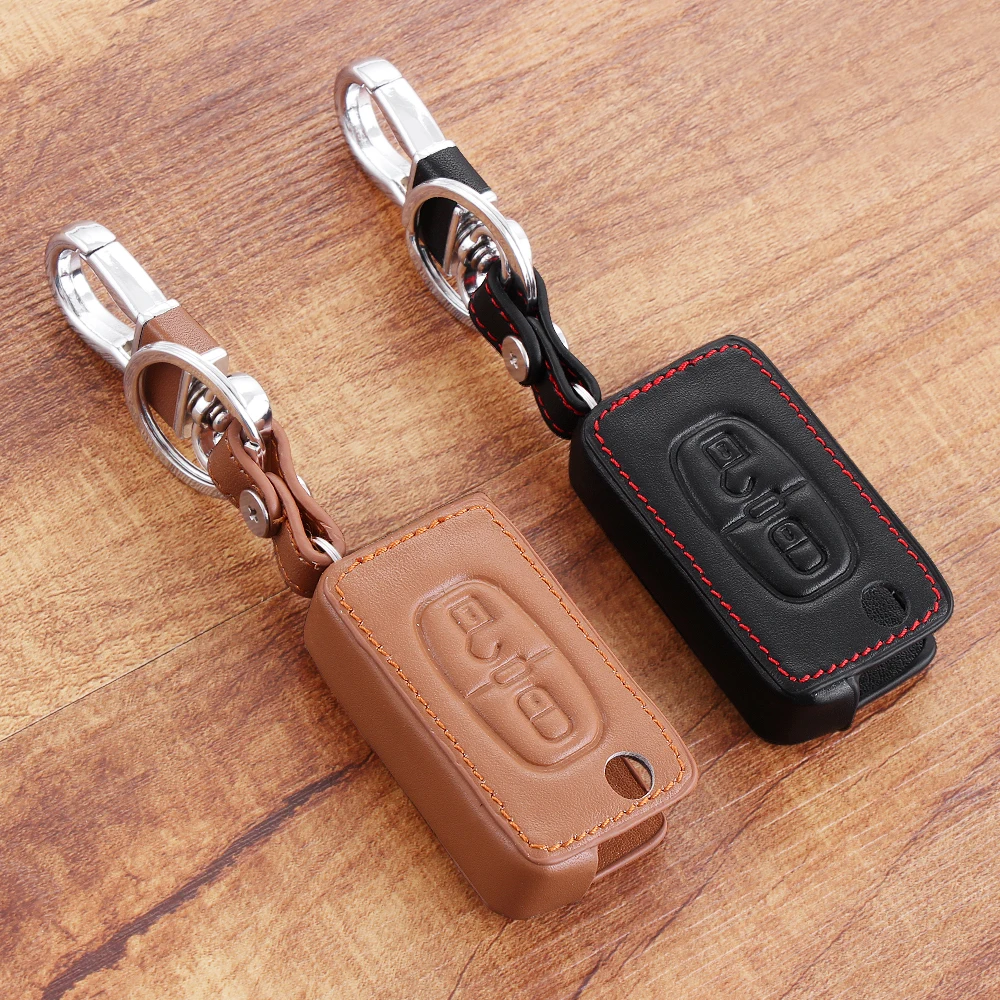 

Genuine Leather Car key Case Bag key Cover 2 Buttons for PEUGEOT RCZ 206 207 306 307 308 407 408 For Citroen C2 C3 C4 C4L C5 C6