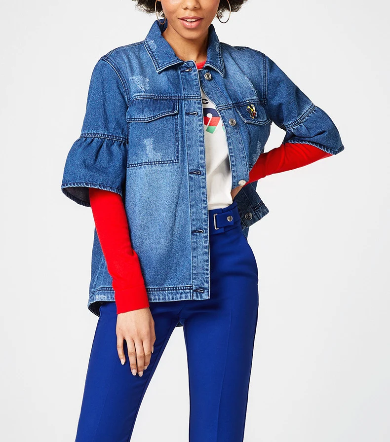 

Plus size spring and autumn women fashion loose single breasted water wash denim coat female half length sleeve cotton outerwear