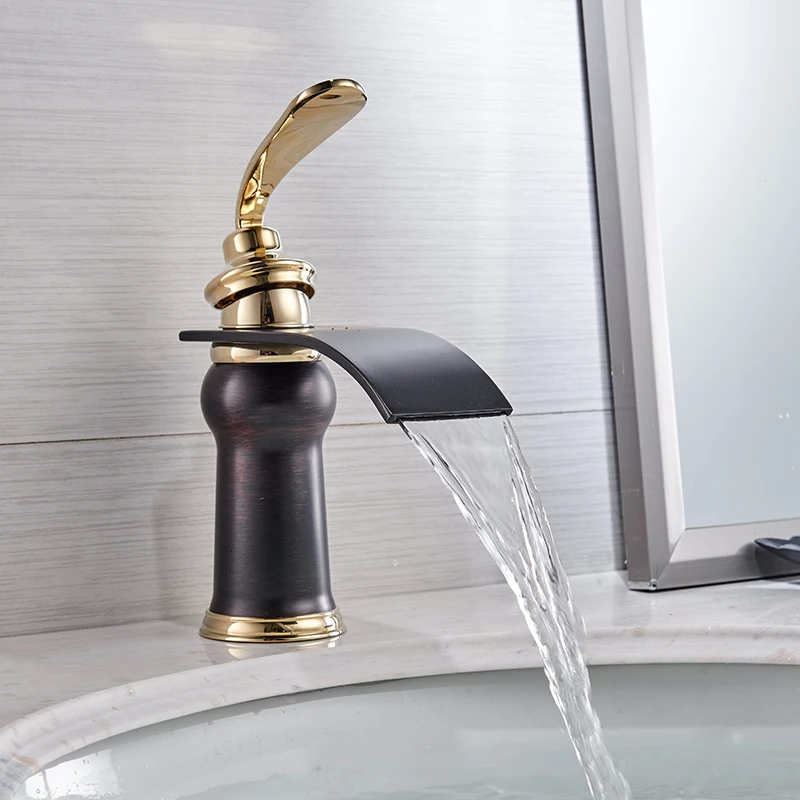 Черный смеситель для раковины Современный стиль смеситель для ванной комнаты на бортике Водопад на одно отверстие Смесители холодной и горячей воды Crane9273