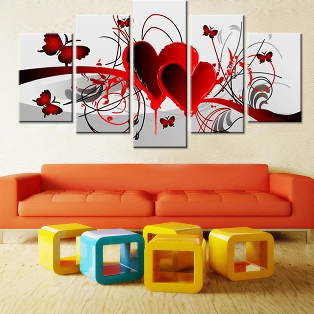 Home-Decor-Hand-Painted-Red-Love-Heart-Butterfly-Oil-Painting-Living-Room-Wall-Painting-5-Pieces.jpg_640x640