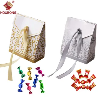 

100Pcs/lot Small Gold Silver Gift Box Candy Boxes Wedding Party Favor Ribbon Candy Bag Casamento Decor Event Party Supplies