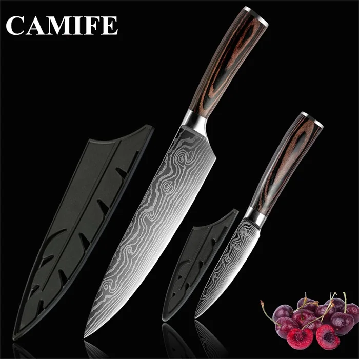 

7cr17 Stainless Steel Knife Kitchen Knives Set Imitation Damascus Pattern Cleaver Carving Fruit Chef Knives Gift Knife Covers