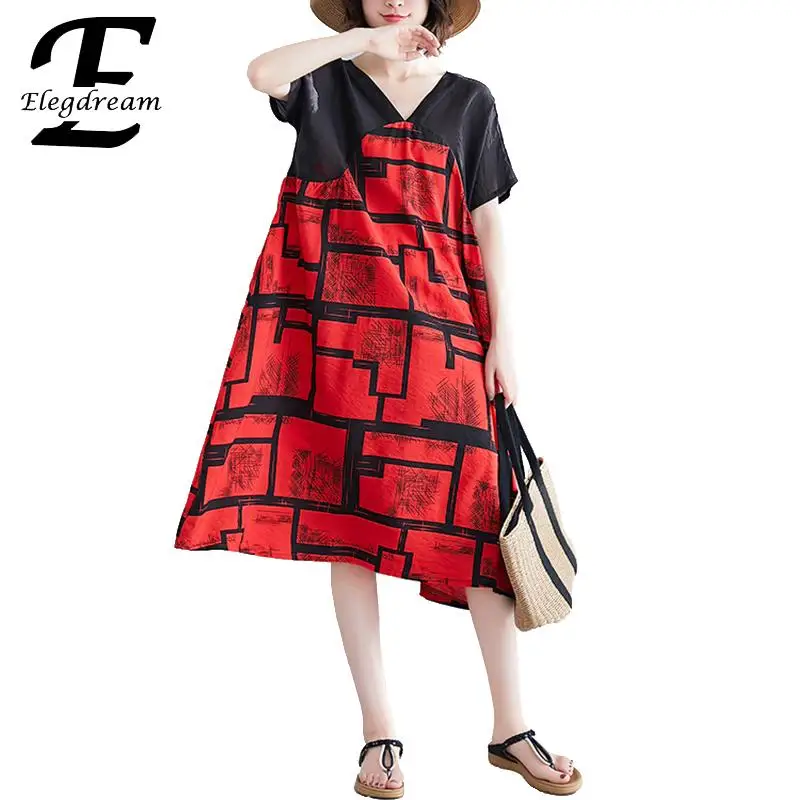 

Elegdream Brand Plus Size Women Clothing Casual Loose Midi Dress Ladies Summer Fashion Print Patchwork Dresses Female Vestidos