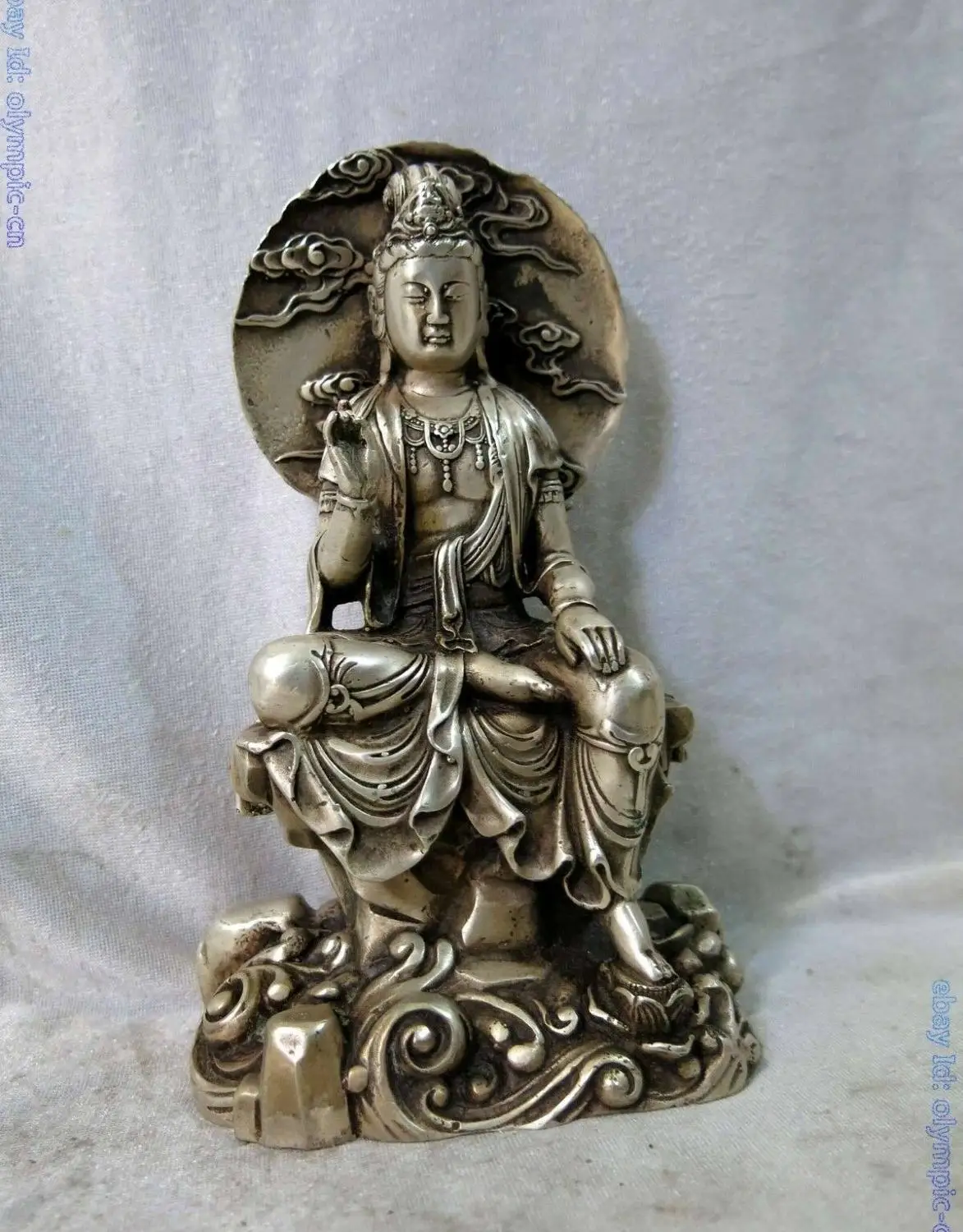 

8" China Silver fine workmanship carved moon Kwan-yin buddha Sculpture Statue