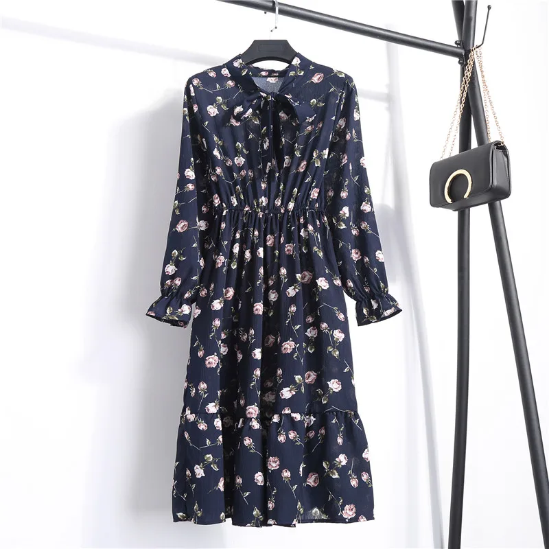 

ZuoLunOuBa 2018 Summer Autumn Chiffon Print Female Dress Casual Cute Women Floral Bowknot Dress Long Sleeve Women Dress Vestido