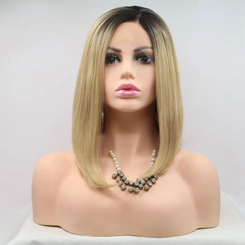 

Bombshell Short Straight Bob Hand Tied Synthetic Lace Front Wig Glueless Black Ombre Blonde Heat Resistant Fiber Hair For Women