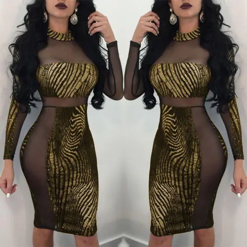 2018 New Womens Bandage Bodycon Sheer Sequins Lace Long Sleeve High Waist Gold Print Evening Party Sexy Club Short Mini Dress Dresses