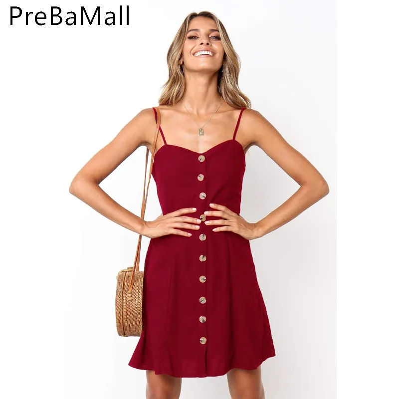 

2019 Fashion Summer Spaghetti Strap Dresses Casual Sexy Buttons Solid Off Shoulder Sleeveless Dress Princess Dress C199