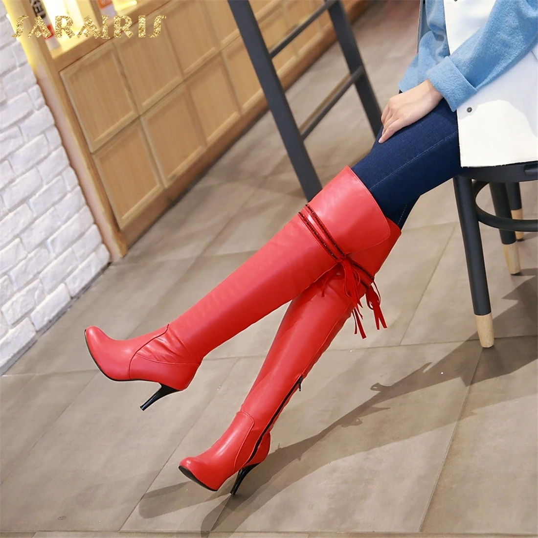 

SARAIRIS New plus size 32-50 Zip Up Thin High Heel Knee High Boot Woman Shoes Hot Sale Party Wedding Boots Female Shoes Woman