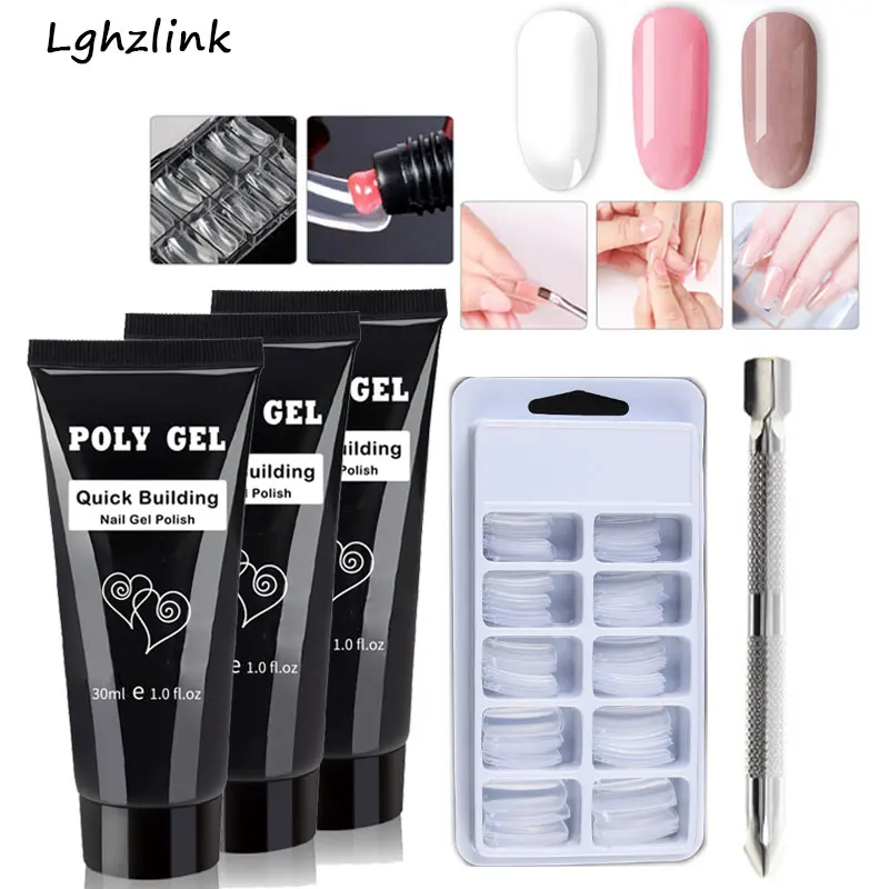

LGHZLINK 30g Poly Nail Gel Set White Pink Clear Extend Builder Gel Brush Nail Tool kits Fake Tips Thick Gel Slip Solution Liquid