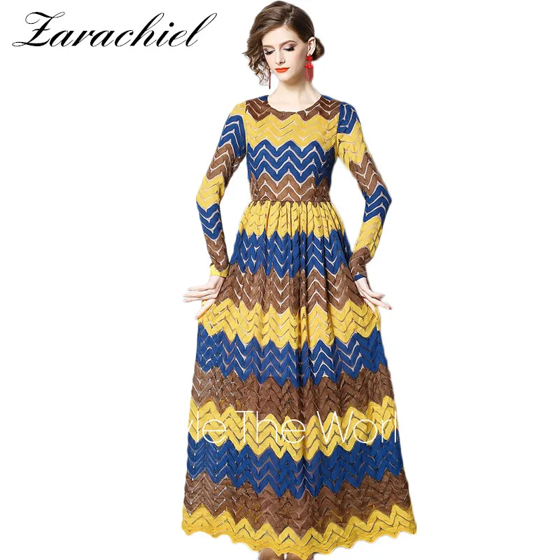 

Women Elegant Wedding Party Long Dresses O Neck Long Sleeve Hollow Out Wave Striped Lace Dress Vintage Big Swing A-Line Vestidos