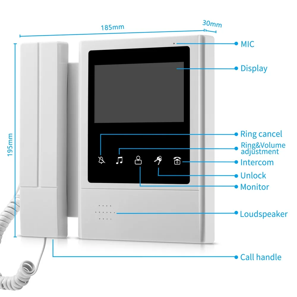 4.3'' TFT LCD Wired Door Home Intercom Video Doorbell System Doorphone IR COMS Night Vision Outdoor Camera 700TVL Color Monitor