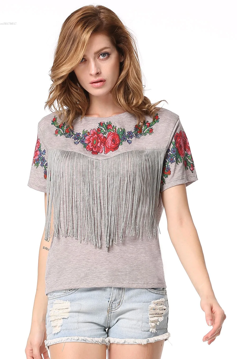 Floral Print Spring Summer 2015 Tassel Tops & Tees Women T Shirt Short