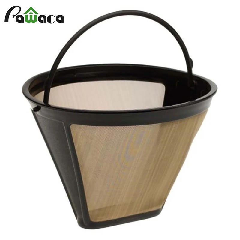 

Cone-Style Reusable Coffee Filter 10-12 Cup Permanent Coffee Maker Machine Filter Gold Mesh with Handle Cafe Coffees Tools