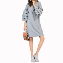 

2017 New Women's dress Loose Round Neck Dress 2018 Solid Color Seven-point Sleeve Multi-layer Lotus Leaf Sleeve Dress