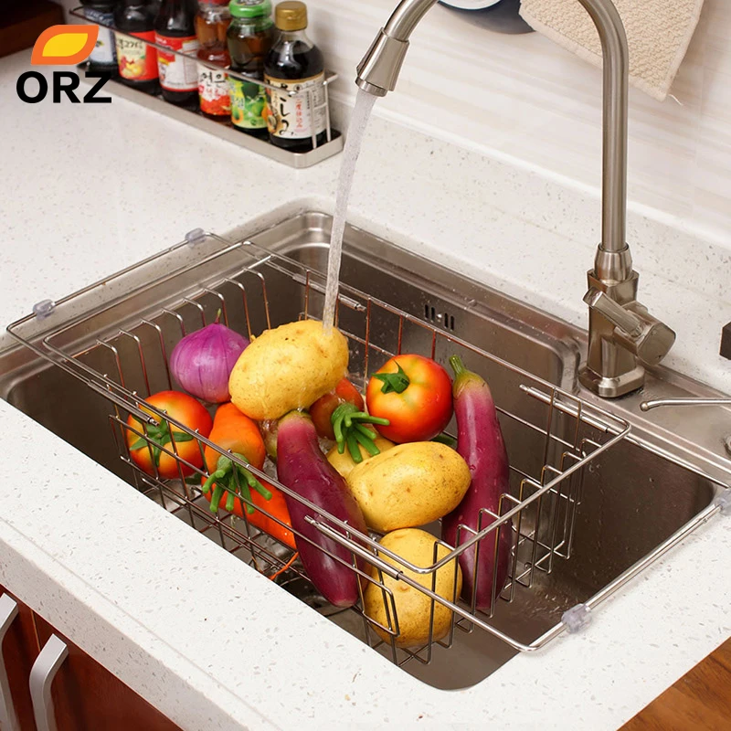 Kitchen Fruits Vegetables Draining Rack Stainless Steel Adjustable In-Sink Dish Bowl Drainer Drying Basket Storage Tray ORZ
