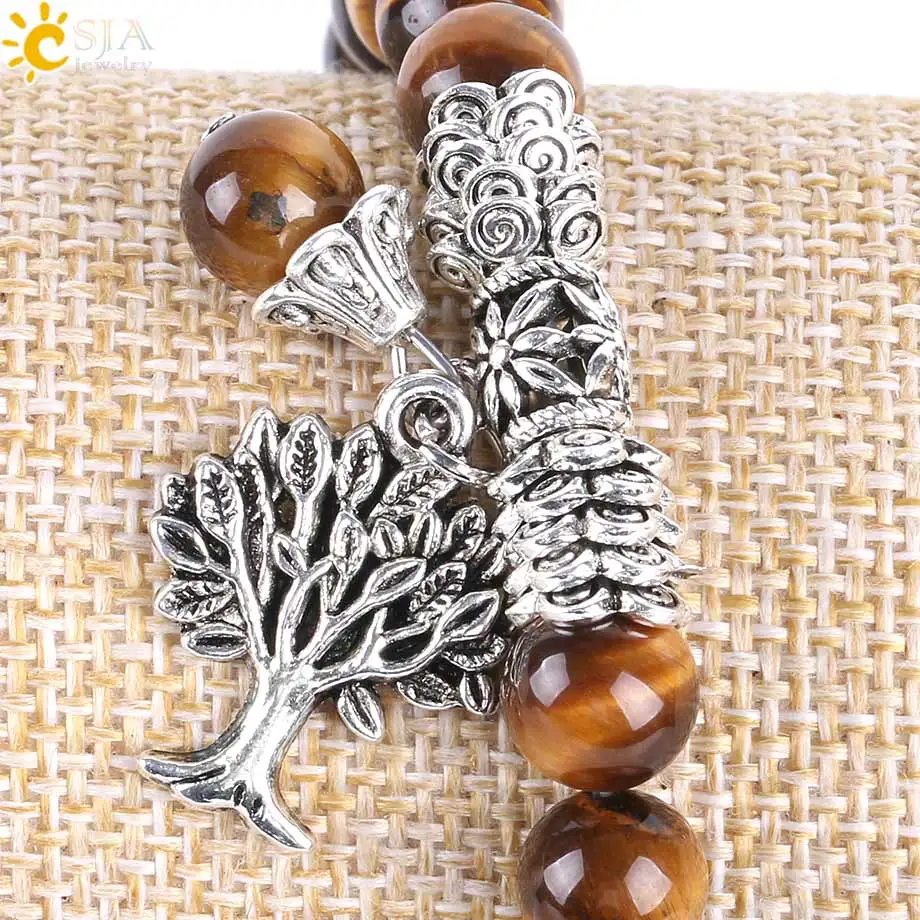 CSJA Natural Tiger Eye Lucky Gem Stone Tree of Life Bracelets 2017 Rosary Reiki Healing Energy Mala Yoga Beads Men Jewelry E725 6
