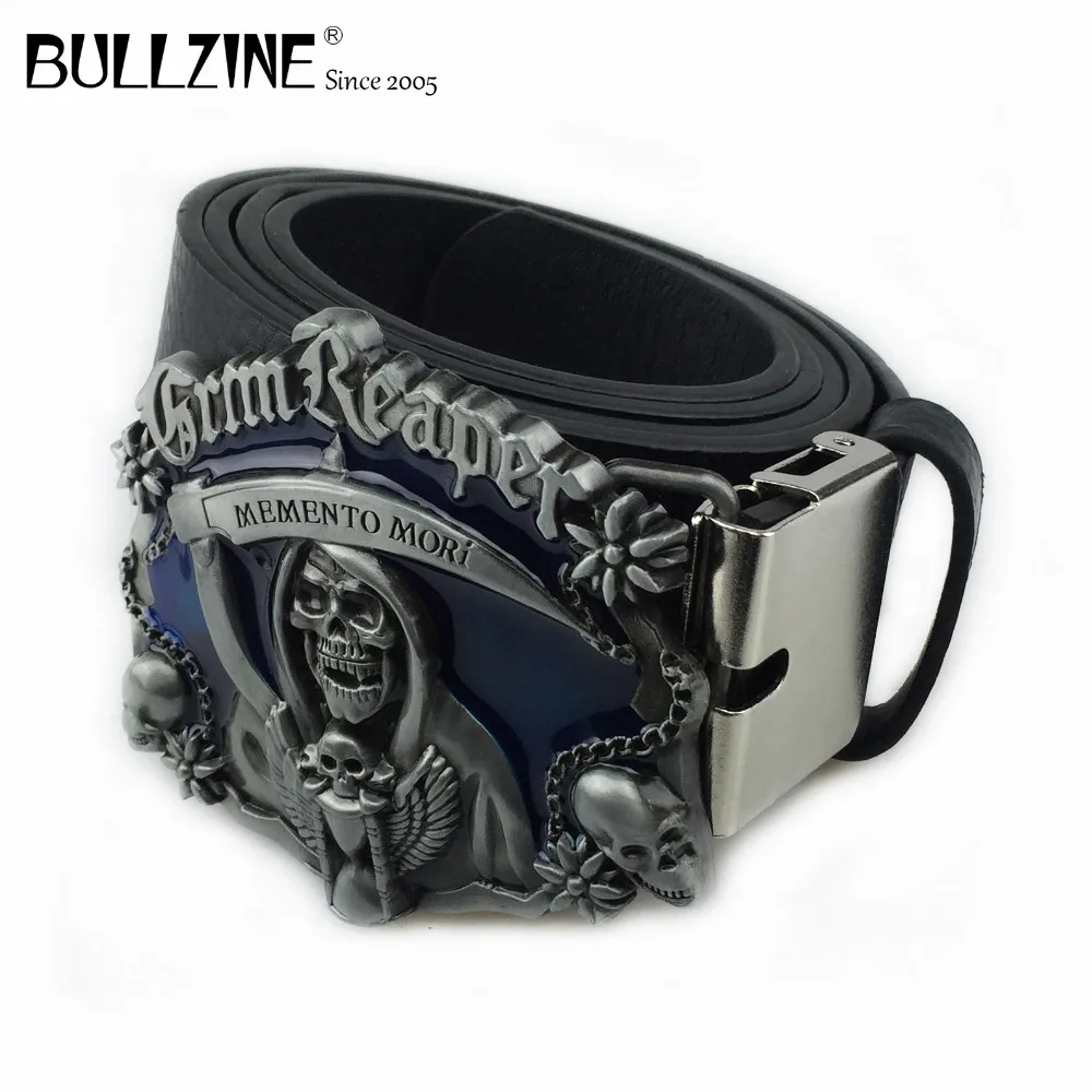 

The Bullzine memento mori skull belt buckle blue enamel pewter finish with PU belt with connect clasp FP-02388-1 drop shipping