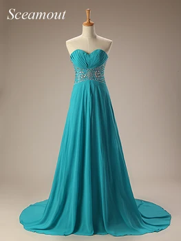 

Sweetheart A Line Chiffon Evening Dresses with Beads Crystal Empire Formal Dress Blue Long Vestidos Longo